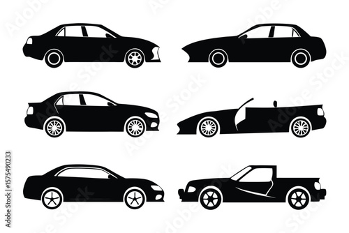Car Silhouette Collection: A set of six sleek car silhouettes, showcasing various body styles including sedans, convertibles, and a pickup truck, ideal for automotive design projects.