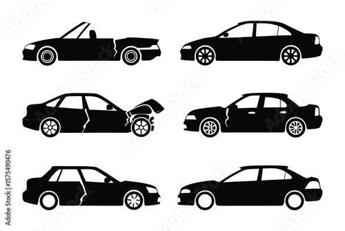Automotive Predicaments: A comprehensive collection of car icons depicts a series of automotive accidents and damage, conveying the aftermath of collisions and the concept of vehicle destruction.