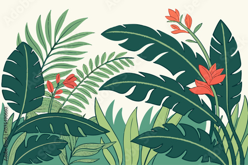 Vibrant tropical jungle foliage illustration with lush green leaves and exotic plants