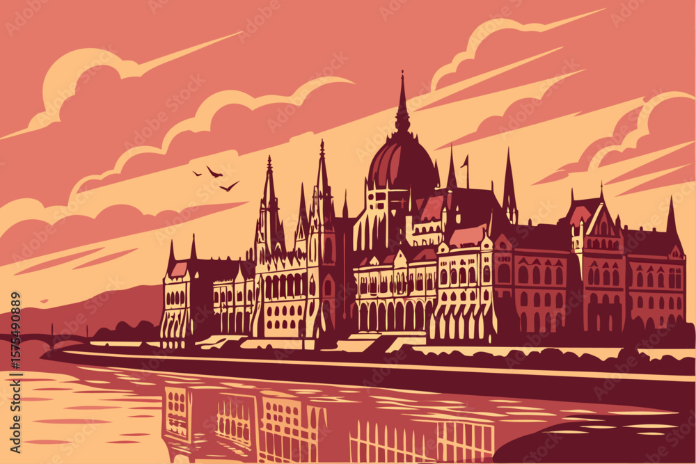 Naklejka premium Stylized city skyline at sunset with vibrant colors and detailed architecture