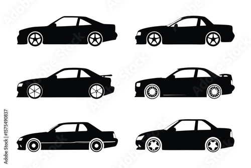 Silhouette Vehicles Variety: Captivating a collection of sleek, monochromatic car silhouettes in dynamic profile, designed to captivate and draw the attention of the audience. 