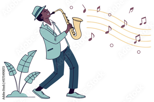 Stylized vector illustration of a jazz musician playing music with vibrant colors