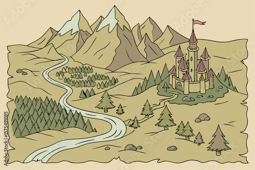 Detailed vector map of a fantasy world with mountains rivers and settlements