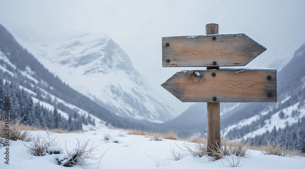 Fototapeta premium Wooden Direction Sign in Snowy Landscape with Mountains and Frosty Environment