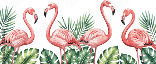 Watercolor Pink Flamingos and Tropical Green Leaves Illustration on White Background, Summer Design