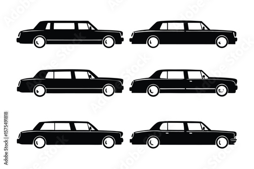 Elegance in Motion: Six sleek, black limousine silhouettes stand in refined array, encapsulating luxury and sophistication in automotive design.