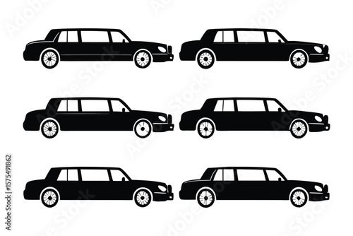 Elegant Limo Ensemble: A sophisticated collection of sleek, black limousine silhouettes, representing luxury and opulence in the transport sector.