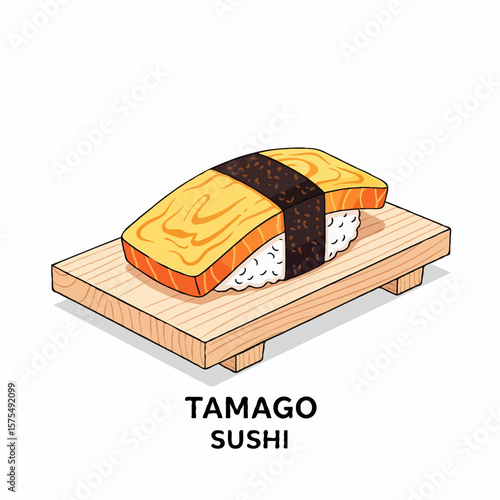 A piece of tamago sushi featuring a sweet Japanese omelet delicately placed over seasoned sushi rice, representing the balance of simplicity and flavor in Japanese cuisine.