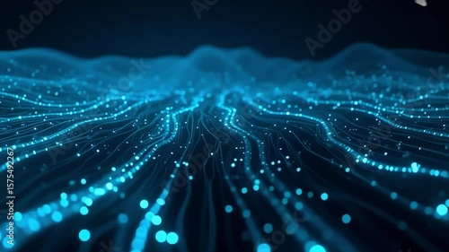 An abstract futuristic background with flowing streams of glowing blue light particles representing data and technology.