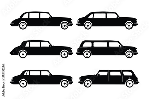 Classic Car Silhouettes: A collection of elegant black car silhouettes, each embodying classic design and style, perfect for automotive enthusiasts and design projects. 