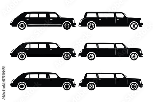 Limousine Collection: A sleek array of black limousines, artfully arranged to showcase their elegant lines and luxurious design, representing opulence and sophisticated transport.