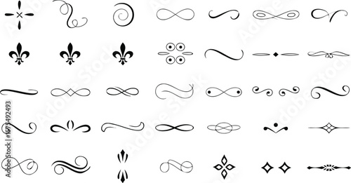 Assorted Decorative Flourishes Set Featuring Swirls, FleurdeLis, Infinity Symbols, and Elegant Dividers