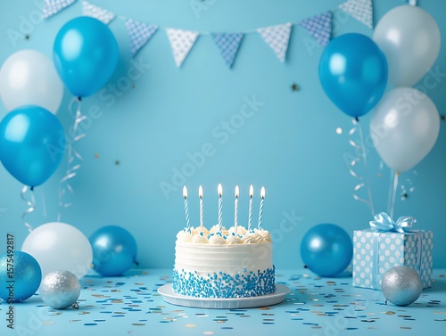 Festive Blue Birthday Celebration with Cake Balloons and Confetti A Joyful Scene
