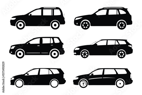Station Wagon Iconography: A series of silhouette station wagon icons representing various station wagon models against a clean backdrop, showcasing transportation variety.