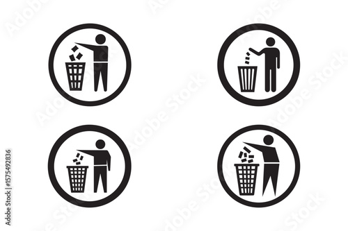 Trash Bin Icon Set – Person Throwing Waste Symbol in Black Circle