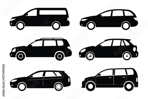 Vehicles in Silhouette: A captivating assembly of automobiles, rendered in stark silhouette, showcases diverse vehicle styles in a unified, minimalist composition.