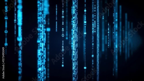 Abstract dark blue background showing vertical streams of falling digital code, representing data processing and cyberspace.