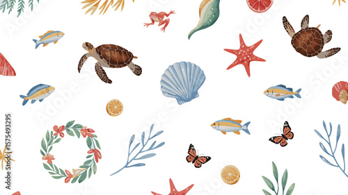 Seamless Pattern Featuring Turtles, Fish, Butterflies, Seashells, Starfish, Orange Slices, Leaves, and a Floral Wreath