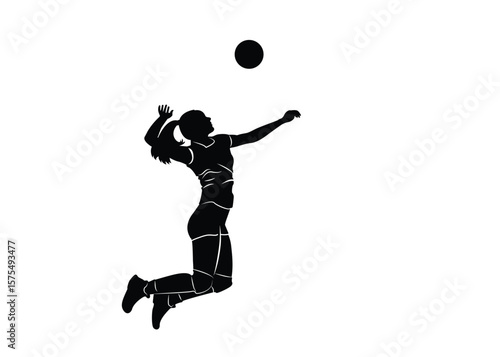 Silhouette of female volleyball player in beautiful jumping pose isolated on background. Vector illustration.
