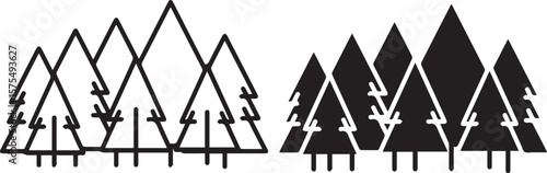 pine trees icon minimalist forest landscape, monochrome geometric tree silhouettes, simple abstract forest pattern,
