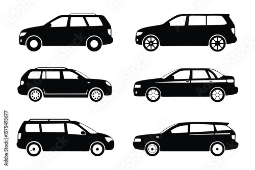 Automotive Silhouette Selection: A comprehensive collection of car silhouettes offers a sleek, modern aesthetic for any design project, each with clean lines and a strong visual impact.