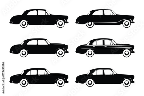 Classic Car Collection: Six meticulously rendered black classic cars showcase timeless automobile design, evoking a sense of elegance and vintage charm.