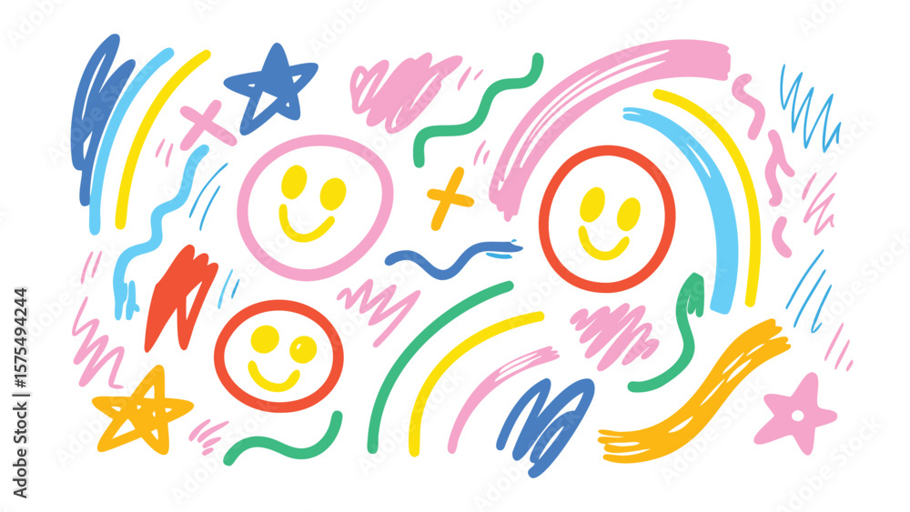 Fototapeta premium Cheerful background with smiley faces, stars, lines, and scribbles in bright and vibrant colors