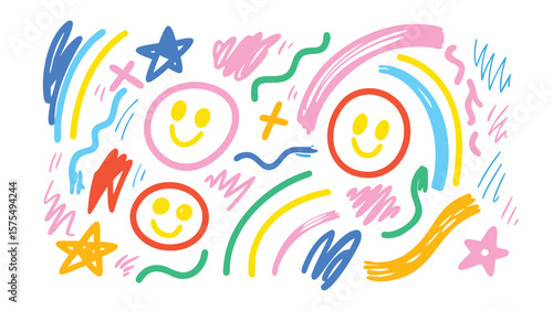 Cheerful background with smiley faces, stars, lines, and scribbles in bright and vibrant colors