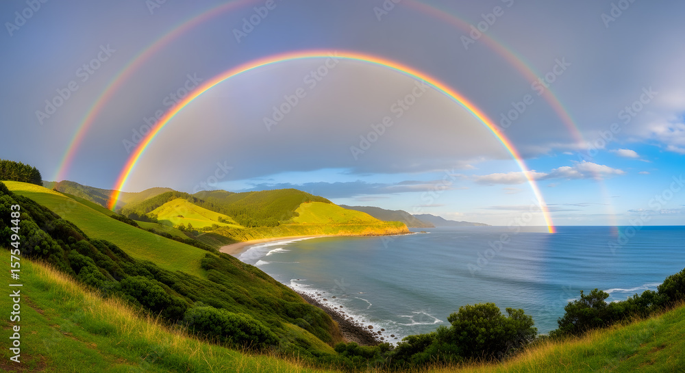 Naklejka premium Panoramic Double Rainbow Over Lush Green Coastal Hills and Beach