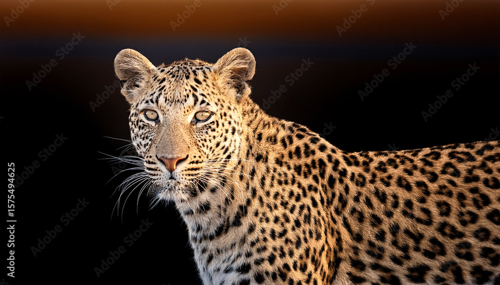 Obraz premium portrait of a leopard, a majestic leopard, its distinctive spotted coat beautifully illuminated against a dark, his powerful image captures the wild beauty and intensity of this big cat