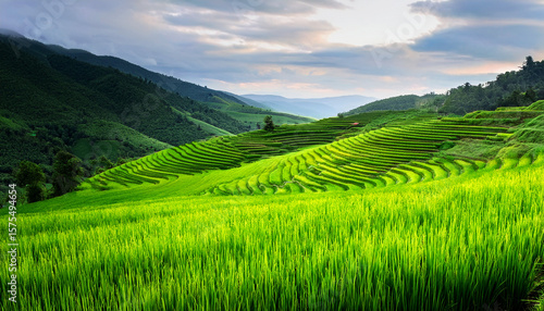 rice fields landscape, harvesting, Amazing landscape with terrace fields in sunlight, rice terrace on the hills, green wheat field, Ripe rice field, Beautiful golden rice field and ear of rice