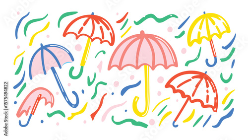 Colorful umbrellas and abstract shapes in a playful arrangement on a white background illustration