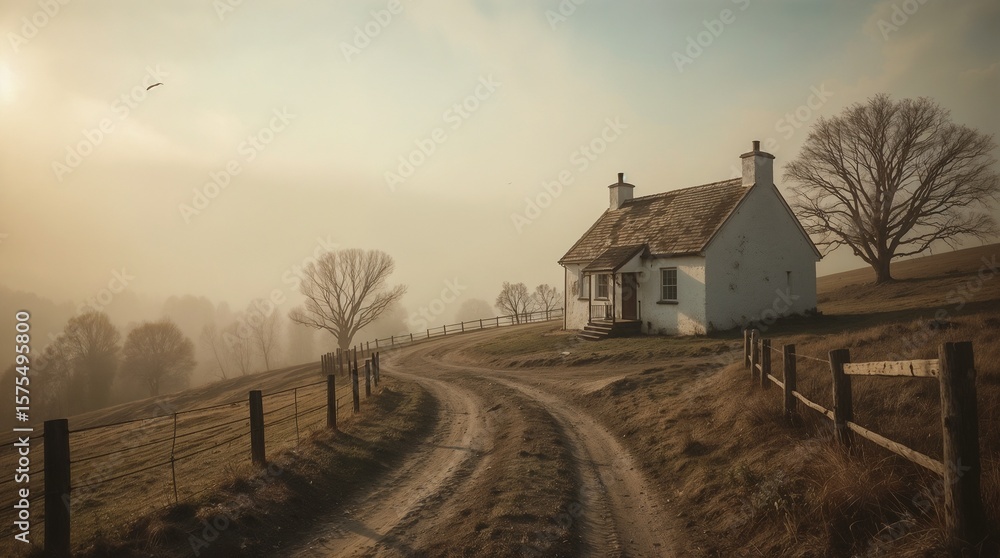 Fototapeta premium Misty Morning at Rural Cottage with Winding Dirt Road