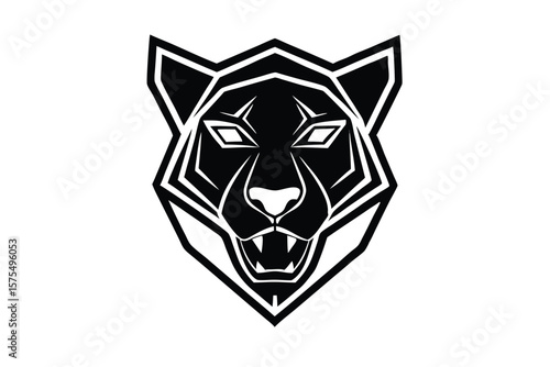 Geometric stylized black panther head growls fiercely, framed by bold white lines on white