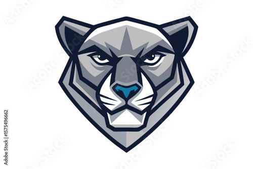 A stylized gray mountain lion head looks fiercely forward in a simple emblem
