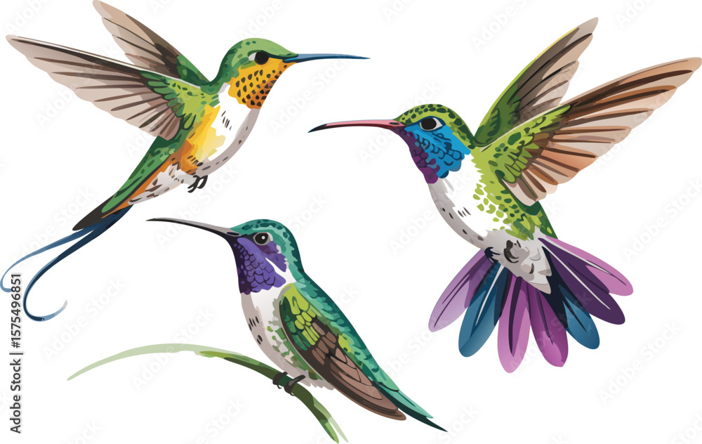 Fototapeta premium Colorful Hummingbirds Illustration Flying, Perched, Green, Purple, and Blue Birds Design Isolated on White Background