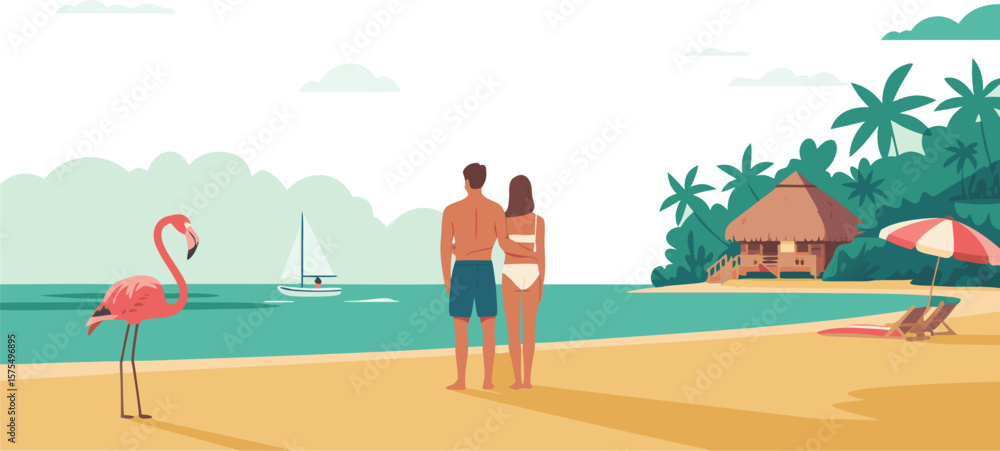Fototapeta premium Couple Embracing on Tropical Beach with Hut, Flamingo, Sailboat, and Palm Trees Illustration