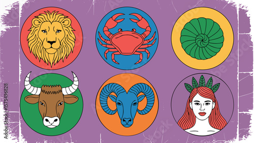 Colorful Cartoon Zodiac Sign Circle Icons Leo, Cancer, Virgo, Taurus, Aries, and Gemini