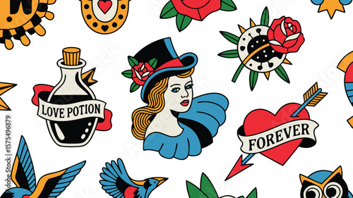 Colorful Seamless Pattern Featuring Traditional Tattoo Elements Woman, Heart, Love Potion and More