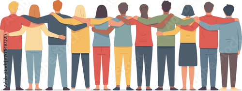 Diverse Group of People Hugging, Showing Unity, Teamwork, and Support from the Backside Art