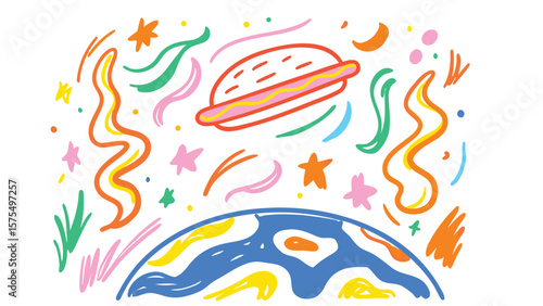 A whimsical illustration of earth, a hotdog planet, stars, and colorful abstract shapes floating around