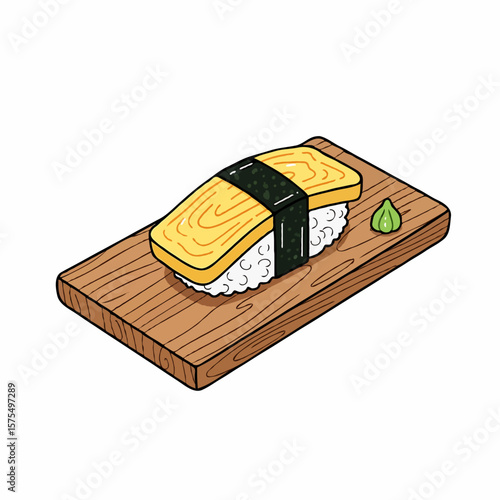 A piece of tamago sushi featuring a sweet Japanese omelet delicately placed over seasoned sushi rice, representing the balance of simplicity and flavor in Japanese cuisine.