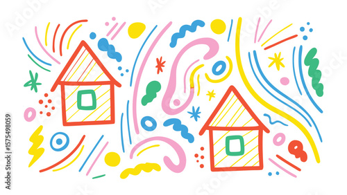 Two houses with red roofs and green windows surrounded by colorful abstract shapes and lines art design