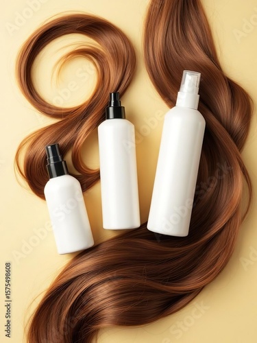 Wallpaper Mural Three white bottles with hair on a beige background perfect for beauty and product advertisements use Torontodigital.ca