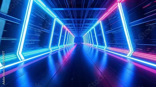 A high-speed journey through a futuristic tunnel with vibrant blue and pink neon lights creating dynamic motion.