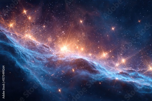 Nebula with blue clouds and orange starbursts scattered throughout space
