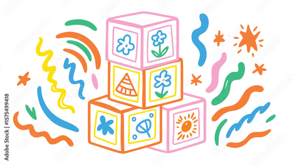 Obraz premium Illustration of stacked baby blocks with flower, sun, and triangle designs and colorful doodles around it