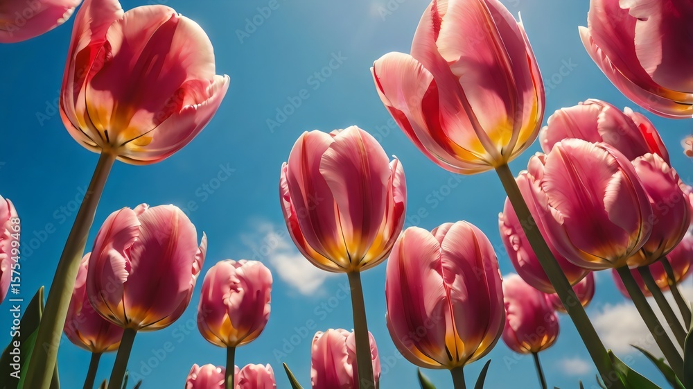 Fototapeta premium Pink Tulips Reaching Toward a Swirling Vibrant Sky – Dreamy Floral Landscape, Blooming Beauty, Spring Colors, and Magical Nature in Artistic Perspective