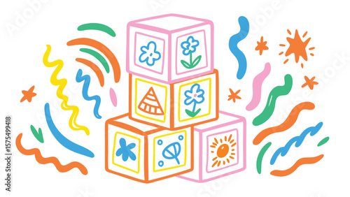 Illustration of stacked baby blocks with flower, sun, and triangle designs and colorful doodles around it