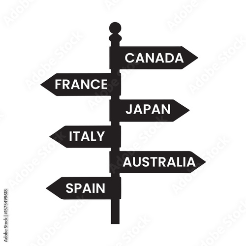 A black and white signpost pointing to various countries including canada france and australia japan